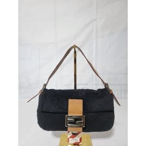 Authentic Fendi Black Suede Baguette Bag With Silver Tone Zucchino Logo …